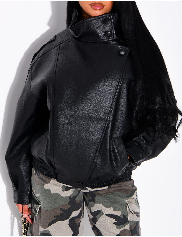 Oversized jacket in grained faux leather with a stand-up collar