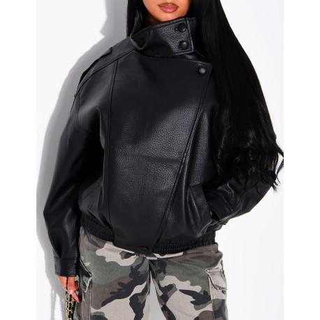Oversized jacket in grained faux leather with a stand-up collar