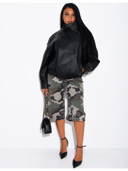 Oversized jacket in grained faux leather with a stand-up collar