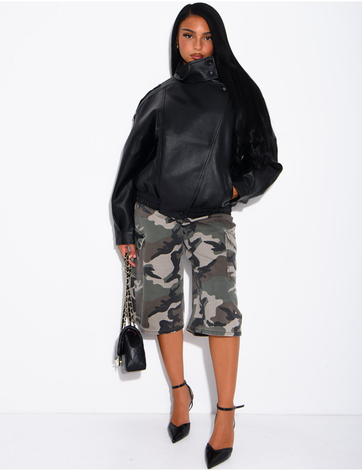 Oversized jacket in grained faux leather with a stand-up collar