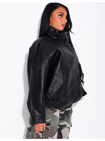 Oversized jacket in grained faux leather with a stand-up collar