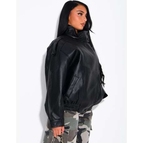 Oversized jacket in grained faux leather with a stand-up collar