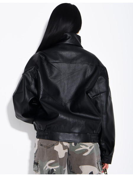 Oversized jacket in grained faux leather with a stand-up collar