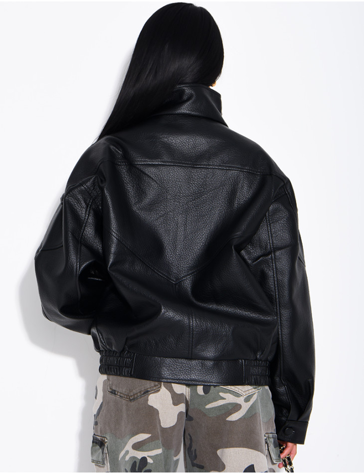 Oversized jacket in grained faux leather with a stand-up collar