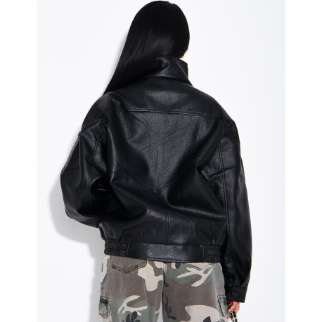 Oversized jacket in grained faux leather with a stand-up collar