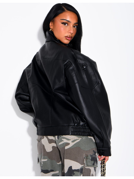 Oversized jacket in grained faux leather with a stand-up collar