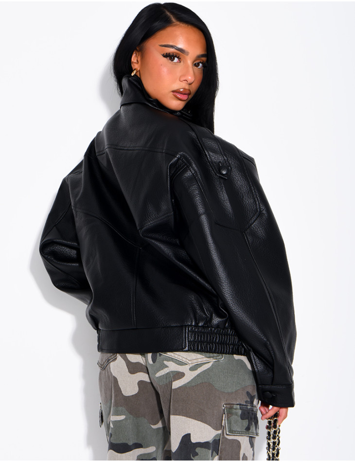 Oversized jacket in grained faux leather with a stand-up collar