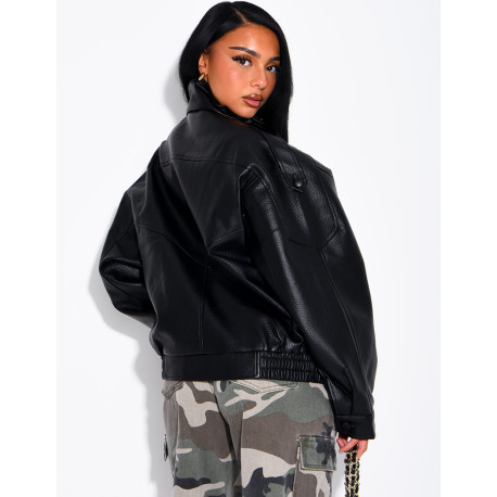 Oversized jacket in grained faux leather with a stand-up collar