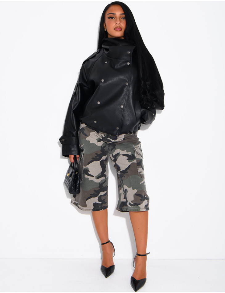 Veste oversize en similicuir grainé à col montant