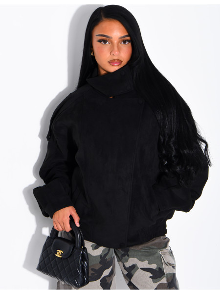 Oversized jacket with a stand-up collar in suede-effect fabric