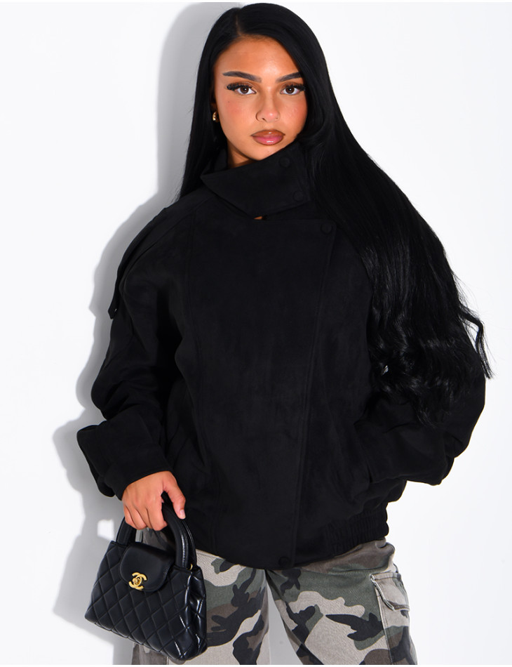 Oversized jacket with a stand-up collar in suede-effect fabric