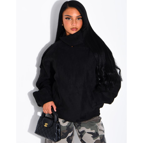 Oversized jacket with a stand-up collar in suede-effect fabric