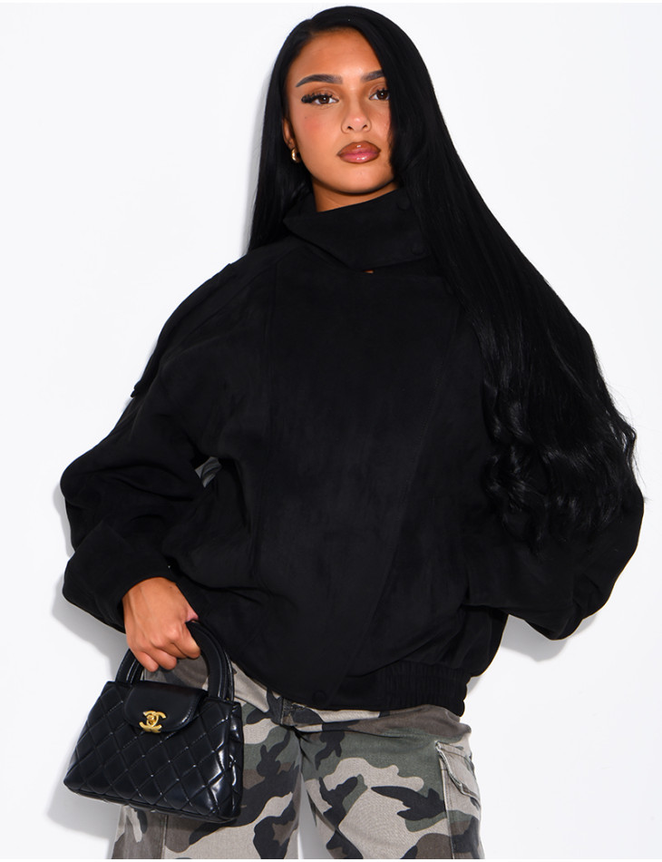 Oversized jacket with a stand-up collar in suede-effect fabric