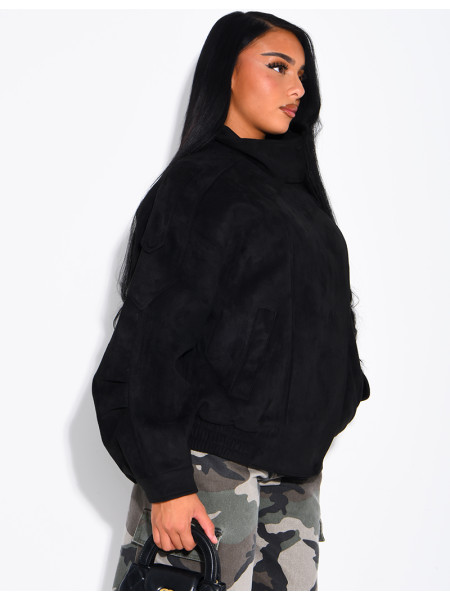 Oversized jacket with a stand-up collar in suede-effect fabric