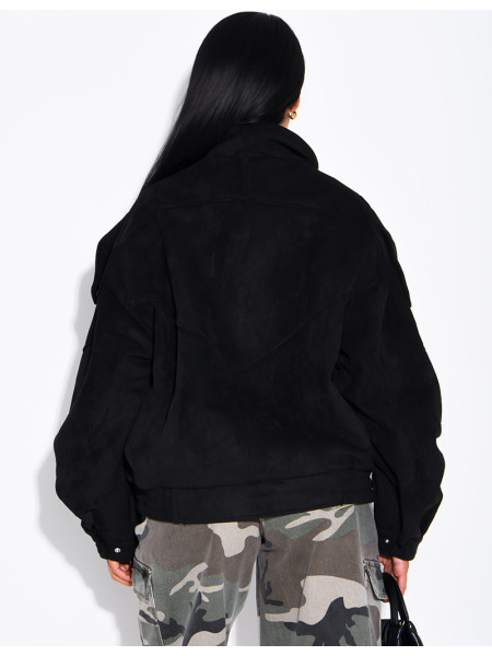 Oversized jacket with a stand-up collar in suede-effect fabric