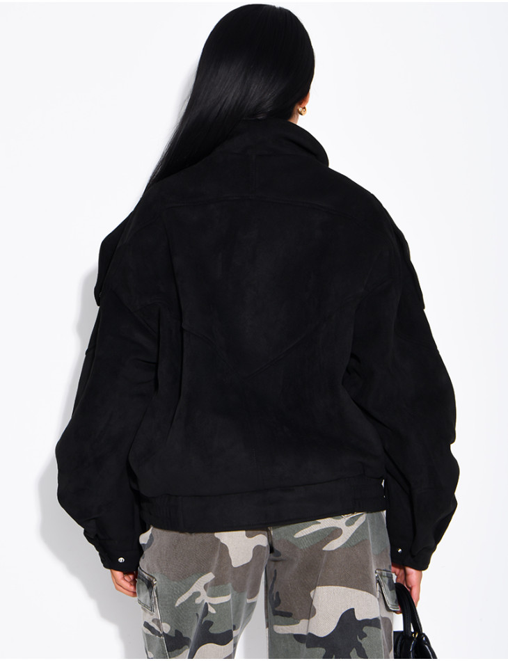 Oversized jacket with a stand-up collar in suede-effect fabric