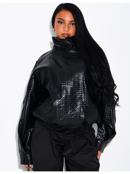 Crocodile-print faux leather jacket