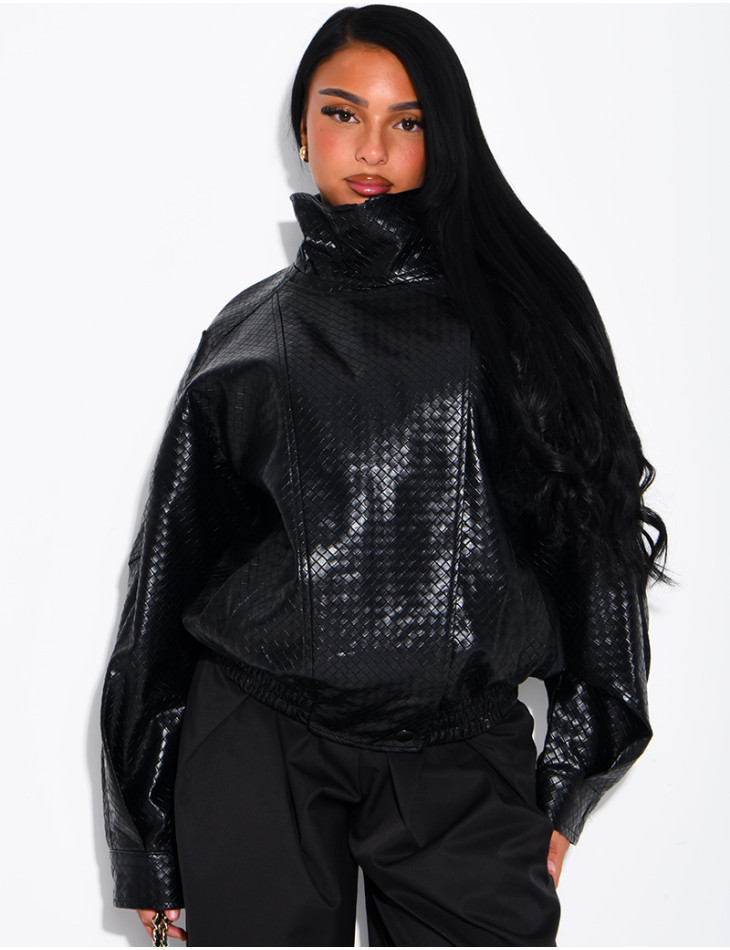 Crocodile-print faux leather jacket