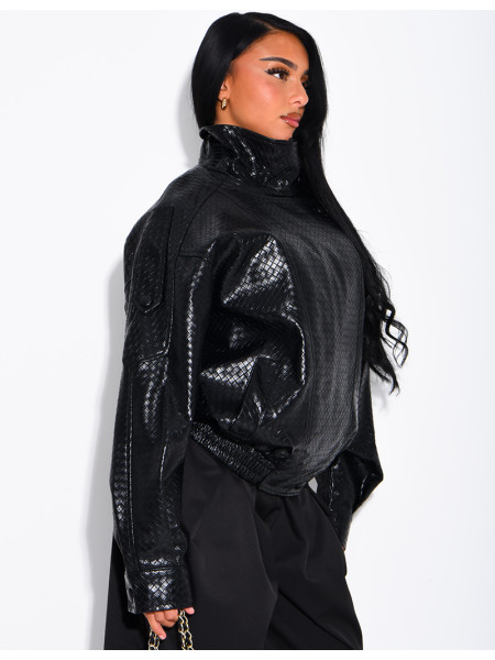 Crocodile-print faux leather jacket