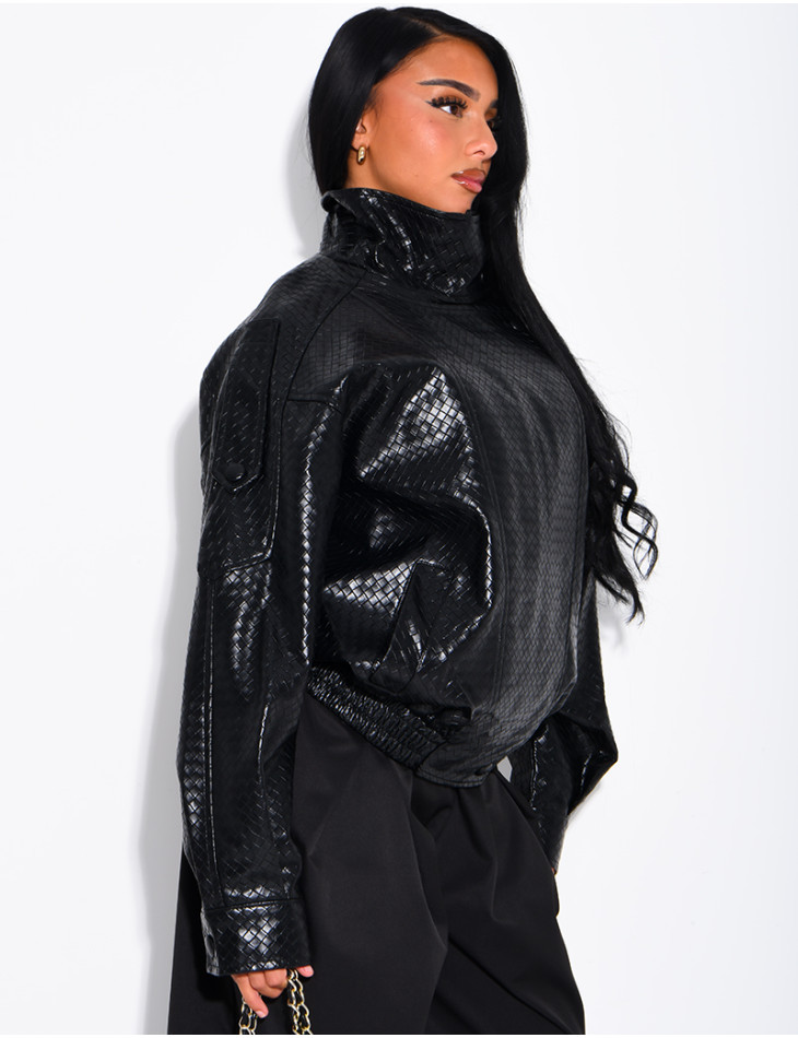Crocodile-print faux leather jacket