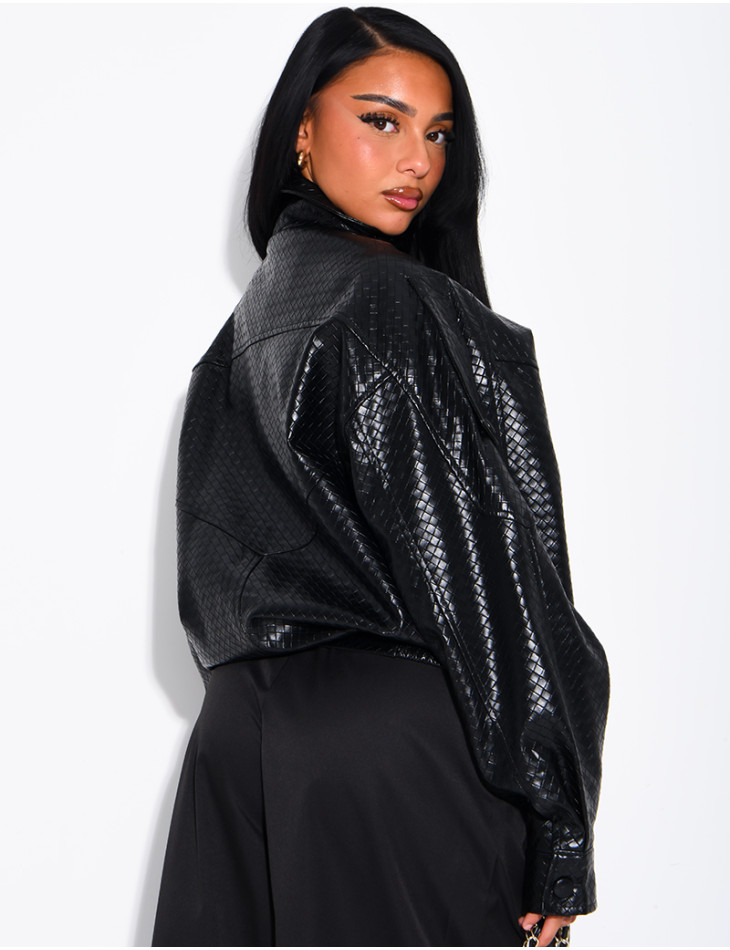 Crocodile-print faux leather jacket