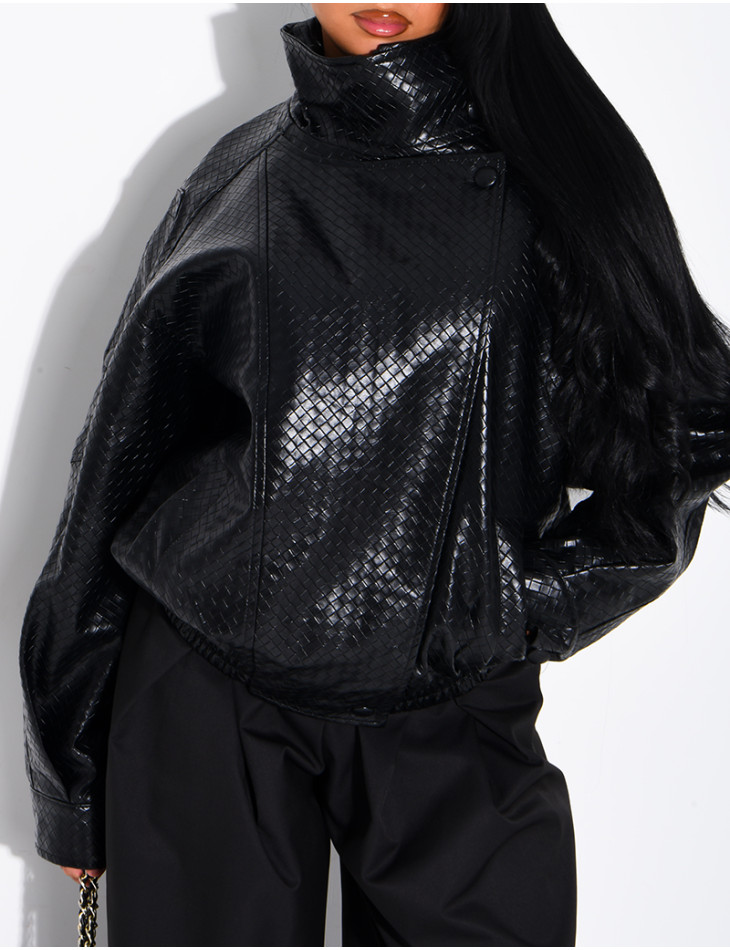 Crocodile-print faux leather jacket
