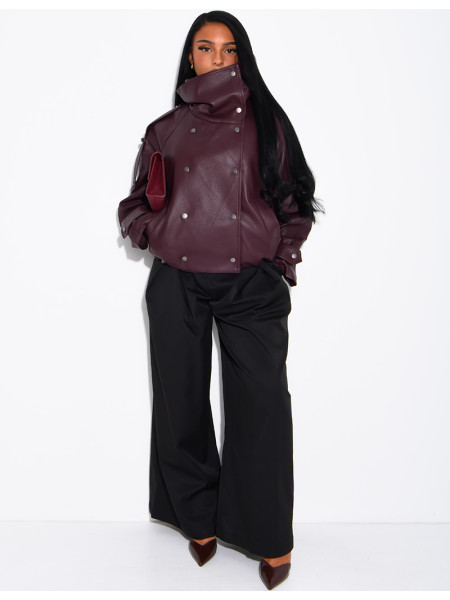 Oversized jacket in grained faux leather with a stand-up collar
