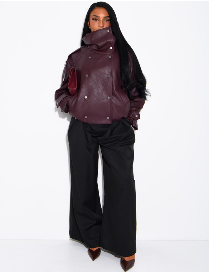 Oversized jacket in grained faux leather with a stand-up collar