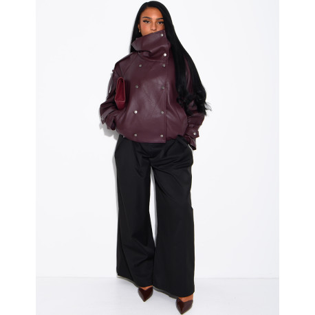 Oversized jacket in grained faux leather with a stand-up collar