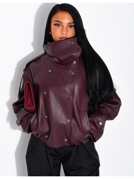 Oversized jacket in grained faux leather with a stand-up collar