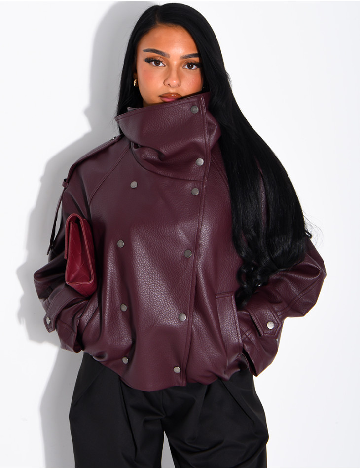 Oversized jacket in grained faux leather with a stand-up collar