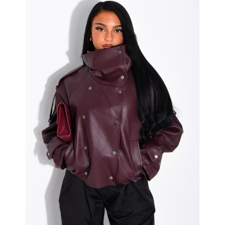 Oversized jacket in grained faux leather with a stand-up collar
