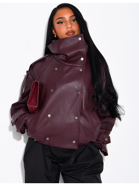 Oversized jacket in grained faux leather with a stand-up collar