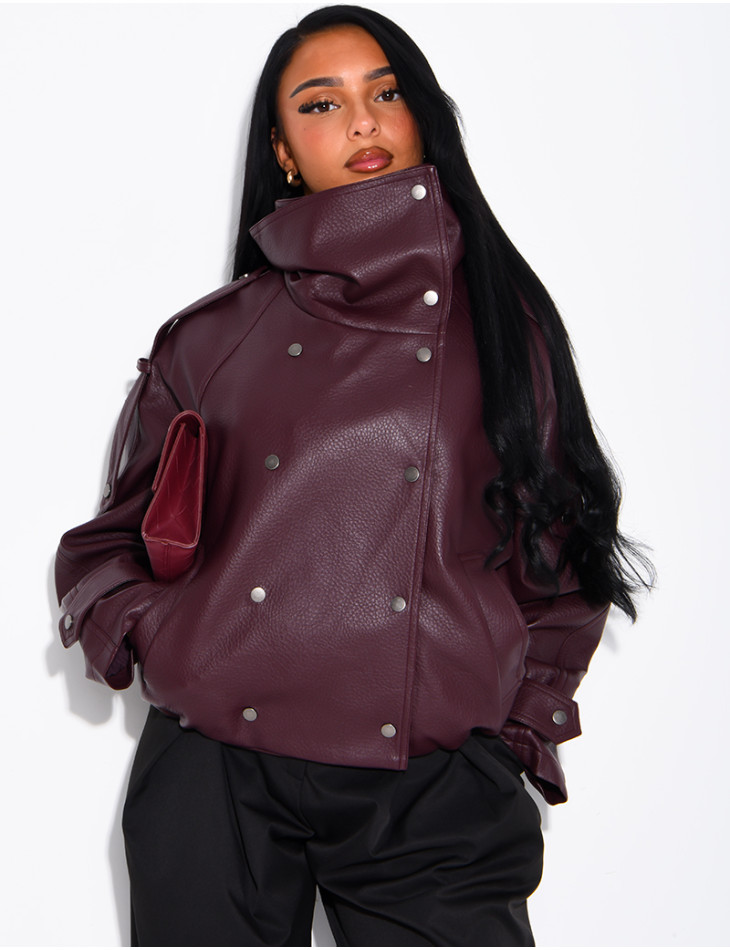 Oversized jacket in grained faux leather with a stand-up collar