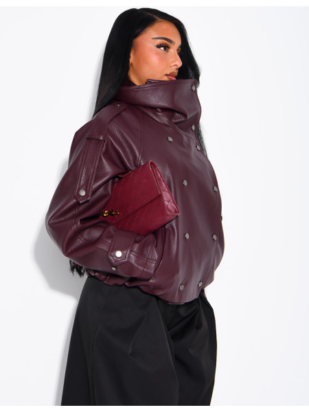 Oversized jacket in grained faux leather with a stand-up collar