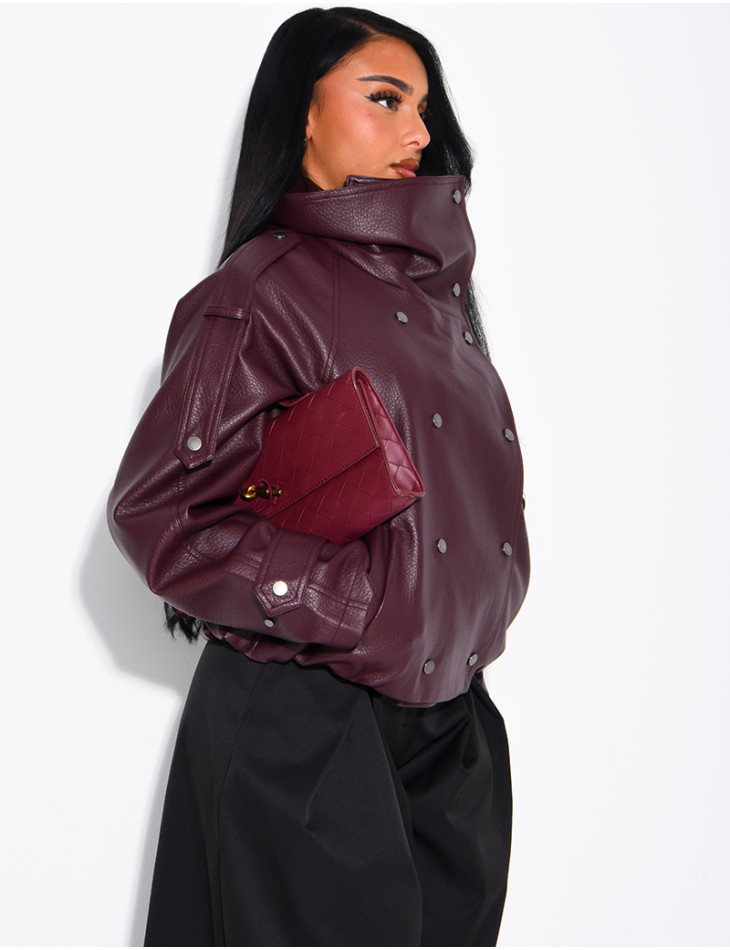 Oversized jacket in grained faux leather with a stand-up collar