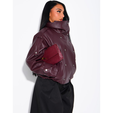 Oversized jacket in grained faux leather with a stand-up collar