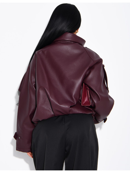 Oversized jacket in grained faux leather with a stand-up collar