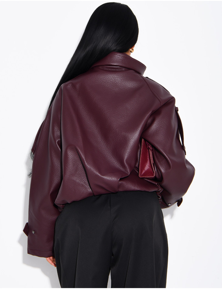 Oversized jacket in grained faux leather with a stand-up collar