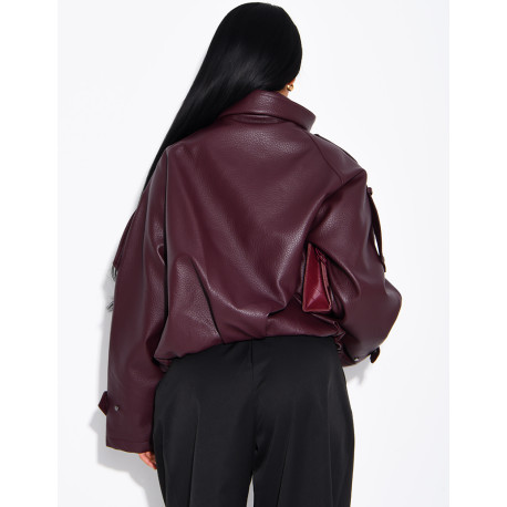 Oversized jacket in grained faux leather with a stand-up collar