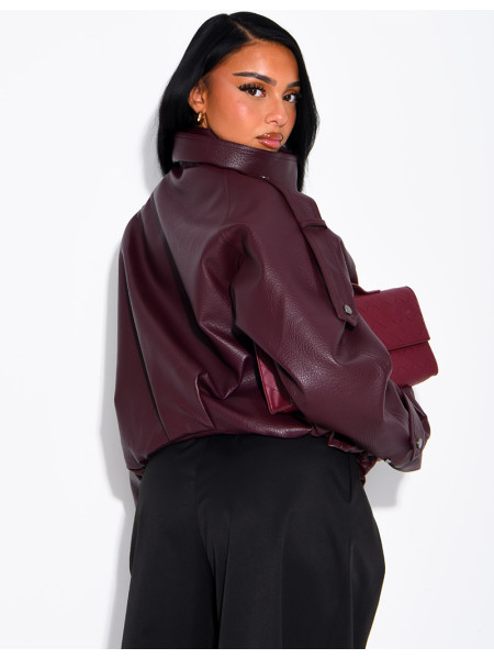 Oversized jacket in grained faux leather with a stand-up collar