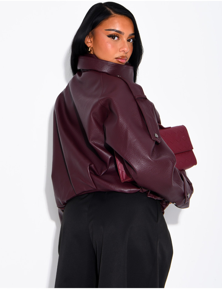 Oversized jacket in grained faux leather with a stand-up collar