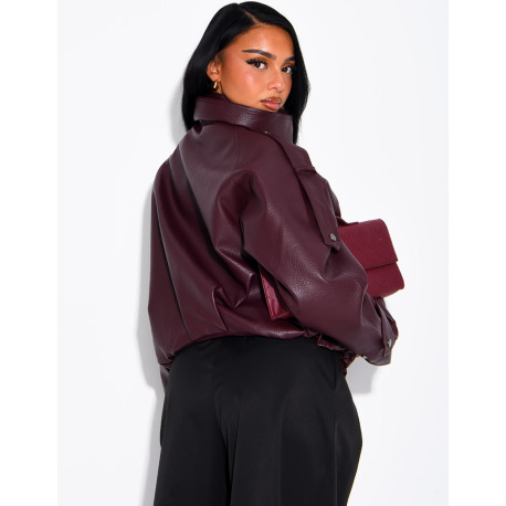 Oversized jacket in grained faux leather with a stand-up collar