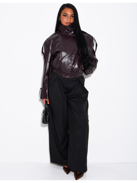 Oversized faux patent leather jacket with shoulder pads