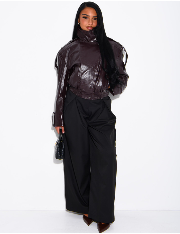 Oversized faux patent leather jacket with shoulder pads