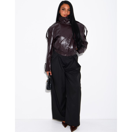 Oversized faux patent leather jacket with shoulder pads