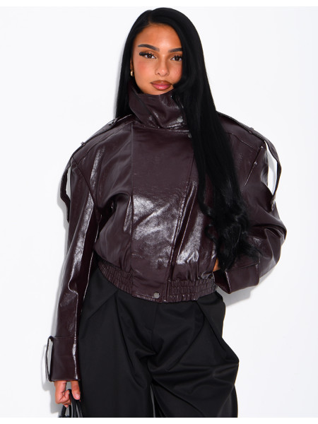 Oversized faux patent leather jacket with shoulder pads