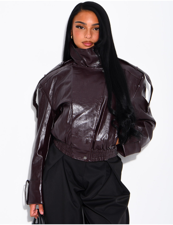 Oversized faux patent leather jacket with shoulder pads