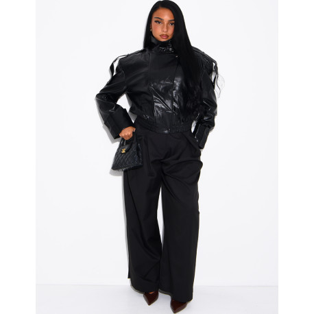 Oversized faux patent leather jacket with shoulder pads