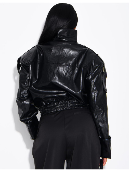 Oversized faux patent leather jacket with shoulder pads